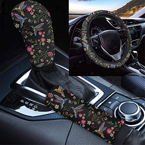 Binienty Lenkradbezug mit Blumen- und Kolibri-Druck, dehnbar, inkl. Schaltknauf-Abdeckung und Handbremsschutz, 3 Stück, universell passend