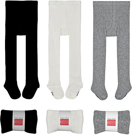 Collant per neonate, confezione da 3 collant in cotone per neonati da 0 a 24 mesi a maglia legging calza per bambino Infact, nero, bianco, grigio, 18-24 Months