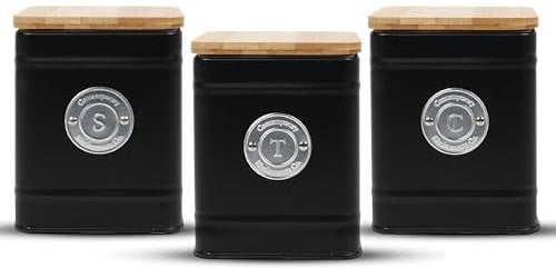 WiseAccordio Set of 3 Black Canisters Tea Coffee Sugar Jars| Kitchen Storage Set |Rose Gold handle (B20001)
