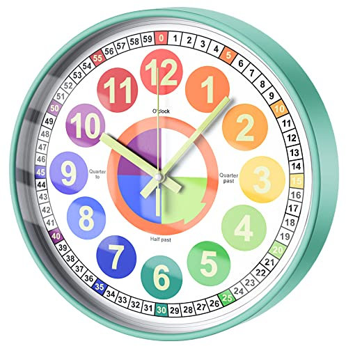 HOSTON Kinderuhr, 12 Zoll Wanduhr Lernende Uhr für Kinder Lehrende Uhr, Jungen Mädchen Leuchtende Wanduhr für Kinderzimmer, Klassenzimmer, Spielzimmer, Schlafzimmer, Schule(Grün)