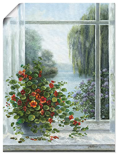 ARTLAND Wanddeko Poster & Kunstdrucke Wandposter 90x120 cm Stillleben Arrangements Botanik Malerei Grau Kapuzinerkresse am Fenster A6MO