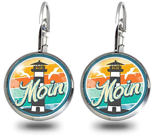 Fördeblau Maritime Brisuren Ohrringe 'Moin' mit Leuchtturm Design – 12mm, Edelstahl und Glas im 2er Set, Tolles Geschenk für alle die das Meer und die Küste lieben