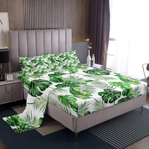 Erosebridal Palmblätter Bettlaken Hawaii-Bettlaken-Set Monstera Bananenblätter Bettwäsche-Set King Size Sommer Tropische Blätter Spannbetttuch für Wohnzimmer Schlafzimmer Dekor, Grün Weiß Bettlaken