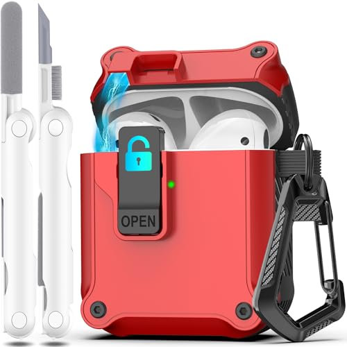 R-fun Kompatibel mit AirPods 2 Generation Hülle 2019, 1 Gen 2016 Case Cover, automatisches Pop-Up-Deckel-Design für Apple Airpods Hülle mit Reinigungsset & Schlüsselanhänger,Rot