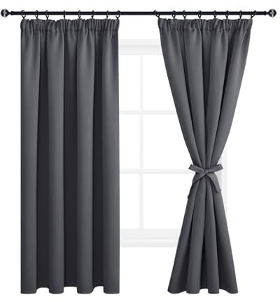 DWCN Vorhänge Blickdicht Gardinen mit Kräuselband Vorhang Schlafzimmer Gardinen Kurz Vorhänge Küche mit Vorhang-Krawatten Thermovorhang für Küche, Dunkel Grau,137x117cm(HxB), Dunkel Grau, 2er Set