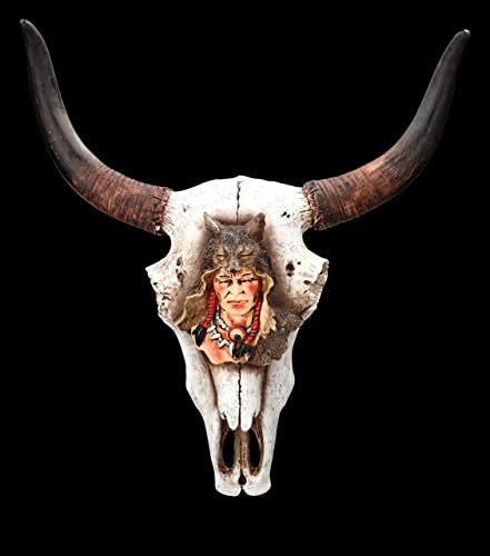 Figuren Shop GmbH Wanddeko Totenkopf Rind mit Indianer Relief 35 cm groß - Relief mit Hörnern | Trophäe Kopf Kuh Longhorn Bulle Büffel Schädel Indianer Cowboy USA Deko