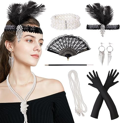 JUNUNDJING 7 Teiliges 1920er Jahre Accessoires Damen, 1920er Jahre Kostüm Damen Accessoires, Geeignet für Kleid 20er Jahre Accessoires Damen, für Halloween Fasching Accessoires Damen