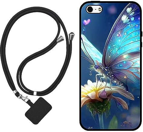 Sunrive Hülle Kompatibel mit iPhone 5/5S/SE(2016) Case,matt Handyhülle Schutzhülle Etui TPU Backcover (Schmetterling,Blume) +1x Universale Handykette MEHRWEG