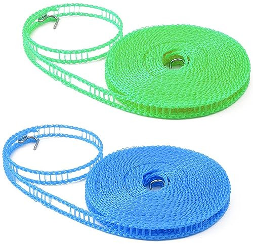 2PCS Fili Per Stendere Il Bucato Esterno,Corda Per Stendere i Panni Esterno,Stendibiancheria Da Viaggio Portatile,Per Interni ed Esterni,Da Campeggio,Da Viaggio,Per Camper,5m/Rotolo (Blu+Verde)