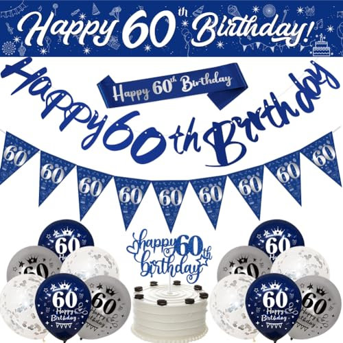 60th Birthday Decorations for Men - Navy Blue and Silver Party Supplies with Banner, Bunting, Sash, Confetti, Latex Balloons, Triangle Flags, Cake Toppers