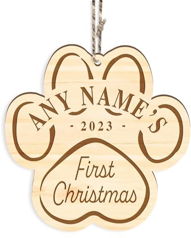 Personalised Paw Print First Christmas Ornament - Custom Pet Name, Rustic Dog/Cats first Christmas Tree Decor, Wooden Xmas Bauble Decoration