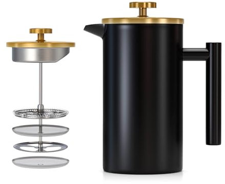 Enfmay Cafetière à Piston, 350ml avec Filtre 4 Couches, Presse Française à Café, Lsolée en Acier Inoxydable, Amovible, Facile à Nettoyer, Maison, Voyage et Camping, Noir