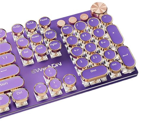 TISHLED EWEADN Typewriter Style Mechanical Gaming Keyboard White LED Backlit 104-Key NKRO Pink Switches Retro Round Keycaps Golden Ring Volume Knob Metal Panel Wired USB-C Detachable Cable, Purple