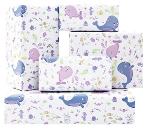 Ozean-Geburtstags-Geschenkpapier für Kinder, Mädchen, Jungen, Unterwasser Thema Babywal Fisch Seepferdchen Oktopus Geschenkpapier, 4 Bögen 50x70cm, Geschenkpapier für Geburtstag, Hochzeit, Babyparty