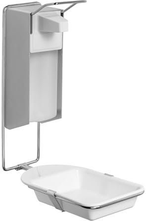 1x ARNOMED Desinfektionsspender mit Tropfschale, Aluminium Seifenspender für 1000ml, Seifenspender zur Wandbefestigung mit kurzem Armhebel, Eurospender für Desinfektionsmittel, Soap Dispenser, Spender