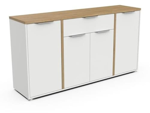Demeyere Buffet Moderne 4 Portes & 1 Tiroir – Style Scandinave – Coloris Blanc Mat & Chêne Hamilton - 160,7 x 39,6 x 85,6 cm