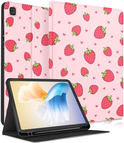 SurgeCraft for Samsung Galaxy Tab S6 Lite Case 10.4 Inch - Women Girls Cute Folio Cover Strawberry Girly Kids Pretty Design for Samsung S6 Lite Cases SM-P610/ P613/ P615/ P619