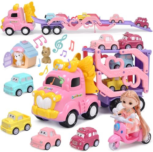 cute stone Pink Truck Toys for Girl, 31.5 in extra Long Track Slide, 3 Layer Foldable Transport Carrier Vehicle W/Light & Sound, Lovely Doll,4 Pull-back Cars, 1 Motorcycle, 2 Pet Dogs, Princess Gifts