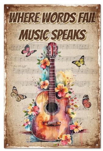 GLOBLELAND Where Words Fall Music Speaks Funny Guitar Music Metal Tin Sign 12x8in/30x20cm for Garage Garden Signs Art Plaque Poster Wall Decor for Home Kitchen Bar Club Coffee Shop