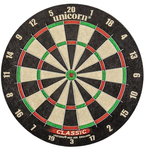 Unicorn Klassische Borsten-Dartscheibe, offizielle Größe für Turniere, reduziertes Abprallen mit abgerundeten Draht-Trennwänden, hergestellt aus Sisal in Standardqualität, klammerfreies Bullseye