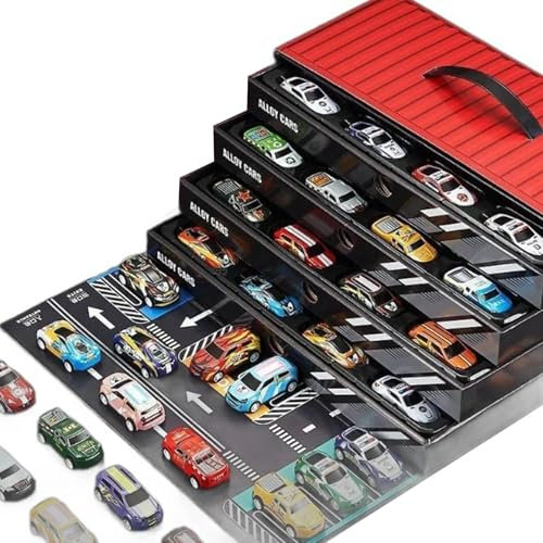 Monozoz Box Cars Spielset, Aufbewahrungsbox Auto Partygeschenke - -Spielzeugautos für Kinder,Spielzeugautos für Kleinkinder, Kastenwagen, Rennfahrzeuge für Kinder, 48-teiliges Set, bunt für Jungen