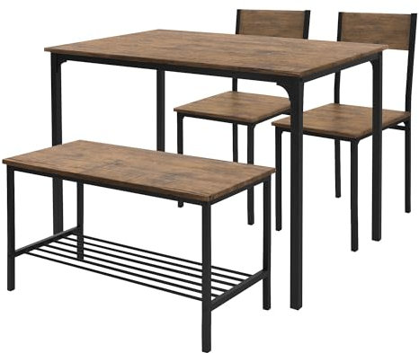 ML-Design Esstisch Set 4-teilig, Eiche-Rustikal, Esszimmertisch mit 2 Stühlen 1 Bank, Essgruppe für 4 Personen, Sitzgruppe Küchentisch Metallrahmen, Bartisch Set, Esszimmergruppe für Küche & Esszimmer