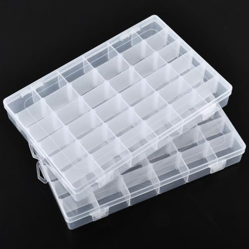 TIMESETL 2 x 36 Compartment Removable Clear Plastic Storage Box 27.5*17.5*4.2cm - Organiser With Compartments for Craft and General Use
