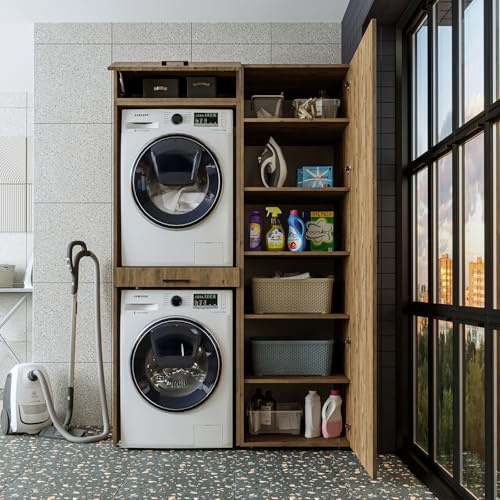 ROOMART, Mensola per lavatrice a torre per asciugatrice, larghezza 127 cm, 5 ripiani, rovere