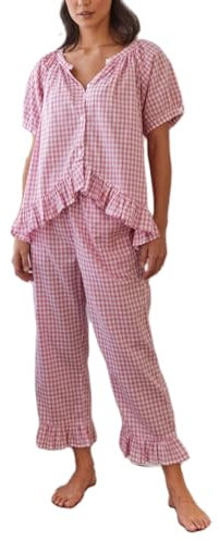 Ensemble 2 pièces avec pantalon vichy pour femme - Chemisier à manches volantées - Haut à carreaux - Jambe large, A - Rose, M