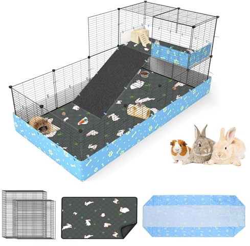 MODESLAB Guinea Pig Cages with Tarp and Bedding Pee Pad Liner, 2-Story Large Guinea Pig Playpen C&C Loft Cage for 2 Rabbit Bunny Chinchilla Small Animal Habitat for Indoor