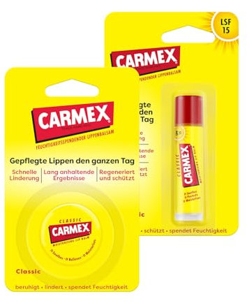 Carmex Classic Stick und Tiegel - Lippenpflege für trockene Lippen, Lippenbalsam feuchtigkeitsspendend und beruhigend für rissige Lippen, mit Vaseline, Vitamin E und Bienenwachs - (2er Set)