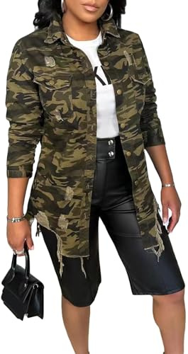 Vakkest Ripped Camo Jacket for Women Long Sleeve Casual Distressed Fray Fringe Herm Army Fatigue Trucker Outwear Coat