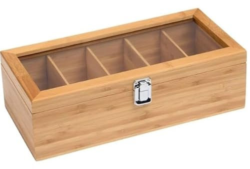 ASelected Bamboo Tea Box, Chest Organiser with 5 Compartments, 30 x 10 x 9 CM Tea Bag Organiser with Acrylic Glass Lid for Spices Coffee Beans Jewellery Storage