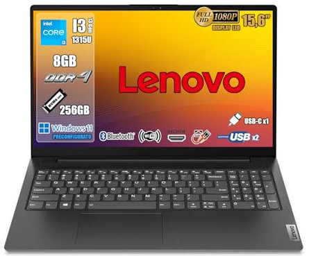 Lenovo Ordenador portátil Intel Core i3 1315U 13th, 8GB DDR4, pantalla FHD 15.6, SSD 256GB NVMe, Wi-Fi 6, Bluetooth 5.2, USB 3.2 Type-C, Win11 Pro, Negro