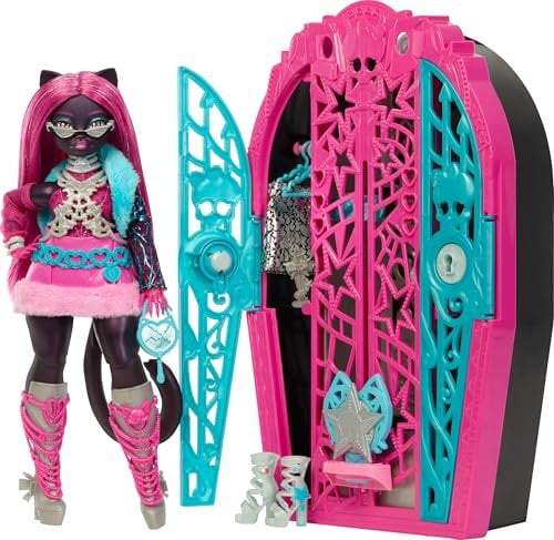 Monster High Skulltimate-Secrets-Set aus Puppe und Accessoires, Hauntlywood Mysteries Catty Noir mit zauberhaftem Kleiderschrank und über 19 modischen Überraschungen wie Puppenkleidung, JBG82