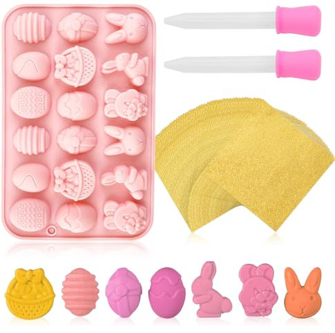 EIH1 2 Moldes Huevos de Pascua Silicona Conejito de Pascua Molde Chocolates de Pascua Huevos Cabeza de Conejo con 2 cuentagotas y 100 Hojas de Papel de Envolver