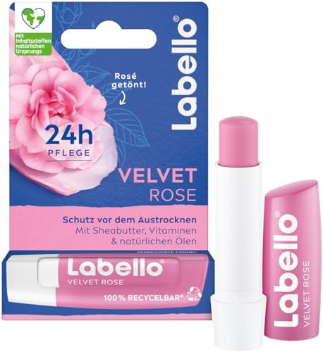 Labello Velvet Rose Lippenpflegestift, Lippenpflege mit dezentem Rosenduft für 24h Feuchtigkeit, pflegender Lippenbalsam mit Sheabutter und Jojoba-Öl (4,8 g) (Packung mit 6)