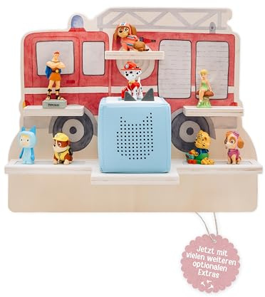 wunderwunsch Tonie Regal, Schrank Kinderzimmer, Toniebox Regal, Tonieshelf, Box, Tonieregal, optional mit Standfuß und Magneten (Feuerwehr, ohne Name, mit Toniebox Halterung)