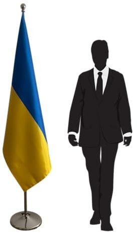 Ukrainische Flagge mit silbernem Stahlmast und Fuß, für Büro, Schule, Botschaft, Innendekoration, 100 x 150 cm, CN2-UA