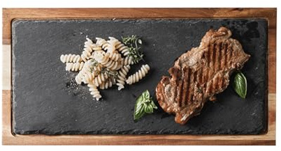 YCBTREE Acacia Wood Serving Board, Wood Serving Platter with Slate Snack Board Slate Platter Appetiser Plate for Cheese Fruit Steak Sushi Party Family Restaurant (Rectangle)