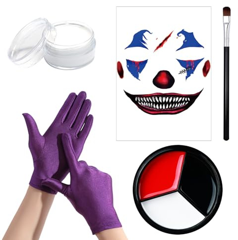 Joker Kostüm Herren Damen, Halloween Clown Makeup Schwarz Weiß Rot Körperfarbe, Gesichtsmalerie,Lidschattenpinsel, Tätowiersticker und Handschuhe, für Halloween Weihnachten Karneval Joker Cosplay