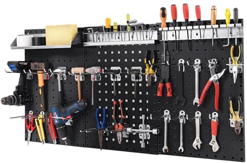 FANTASK Werkzeug Lochwand, Werkzeugwand mit 28-teilige hängende Zubehörteile & 3 Stecktafeln, Werkzeugwand mit quadratischen Aufhängelöchern für Werkstatt & Garage (Schwarz)