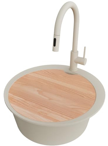 PRIMAGRAN Granitspüle ab 50er Unterschrank + Küchenarmatur, 53x53cm | Set: Küchenarmatur BW9010 + Ablauf-Set + Schneidebrett + Spülbecken Rund 1 Becken - Piza, Alles Beige