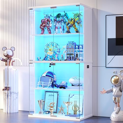 OUTDOOR DOIT Vitrine mit LED Beleuchtung - Vitrinenschrank mit Abschließbar Glastüren, Glasvitrine mit Intelligente Sensorik, 4 Lagen Sammlervitrine für Wohnzimmer,Schlafzimmer Büro,Studie,Weiß