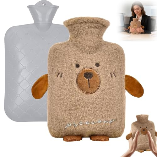 AEMCHDM 1L Bolsa De Agua Caliente Con Funda de Peluche, Oso Hot Water Bottle, Bolsa Caliente Menstruación, Caucho Natural Saco de Agua Quente para Calentar Manos o Alivio del Dolor