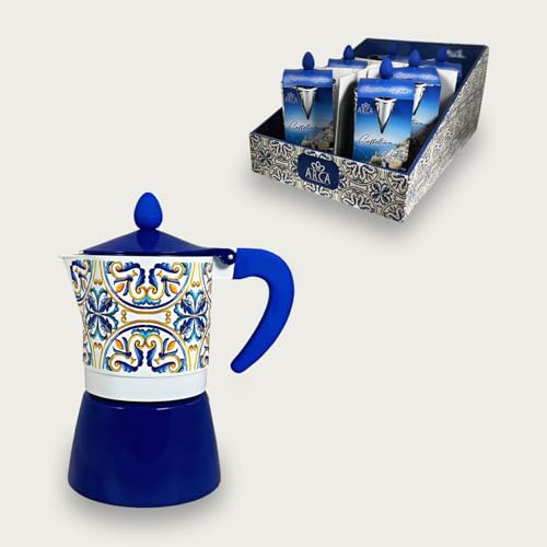 ARCA ,Caffettiera Moka 3 Tazze con Design Maiolica Italiana, Stile Vietri, Blu (tazze 3)