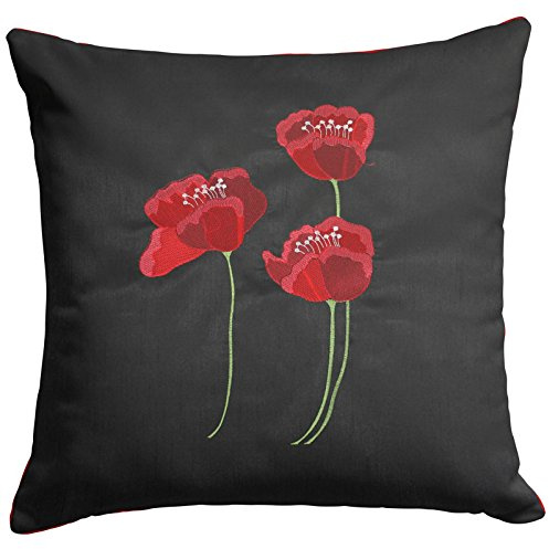 Poppies Cushion Cover, Luxury Faux Silk Cushion Covers, Embroidered Floral Design (18 x 18, Black)