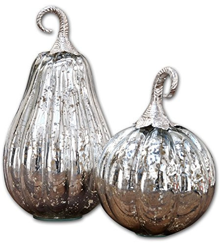 Loberon Kürbis 2er Set Bassu, Zwei Formen, metallischer Glanz, antik veredelt, Dekoobjekt, Dekoration, Wohn-Accessoires, Glas, Aluminium, antiksilber