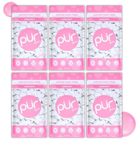 PUR Gum | Chicle Sin Azúcar | Con Xilitol | Vegano, Sin Aspartamo y Sin Gluten | Chicle Natural Con Sabor a Bubblegum, 55 Piezas (Paquete de 6)