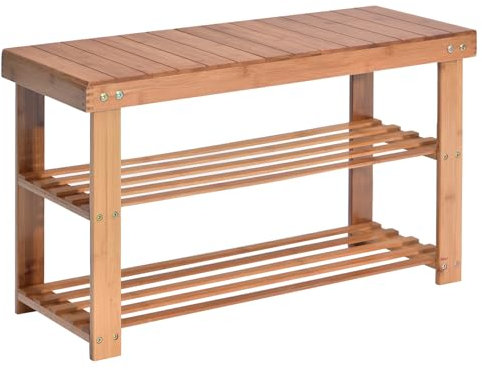 Hododou Shoe Rack 2 Tier Shoe Storage Bench Wooden Shoe Rack with Seat for Hallway Entryway Living Room Bedroom, 70 x 27 x 45cm, Natural Bamboo, Max Load Capacity up to 100KG